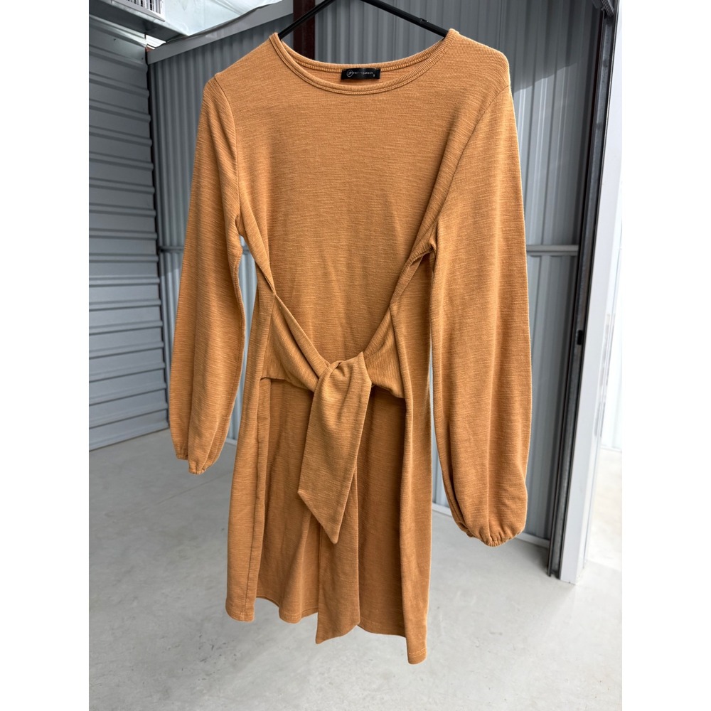 PrettyGarden Women Brown Waffle Knit Tie Front Lantern Sleeve Mini Dress Small